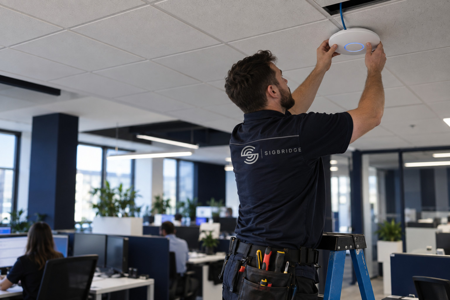 A SigBridge technician installing a WiFi access point