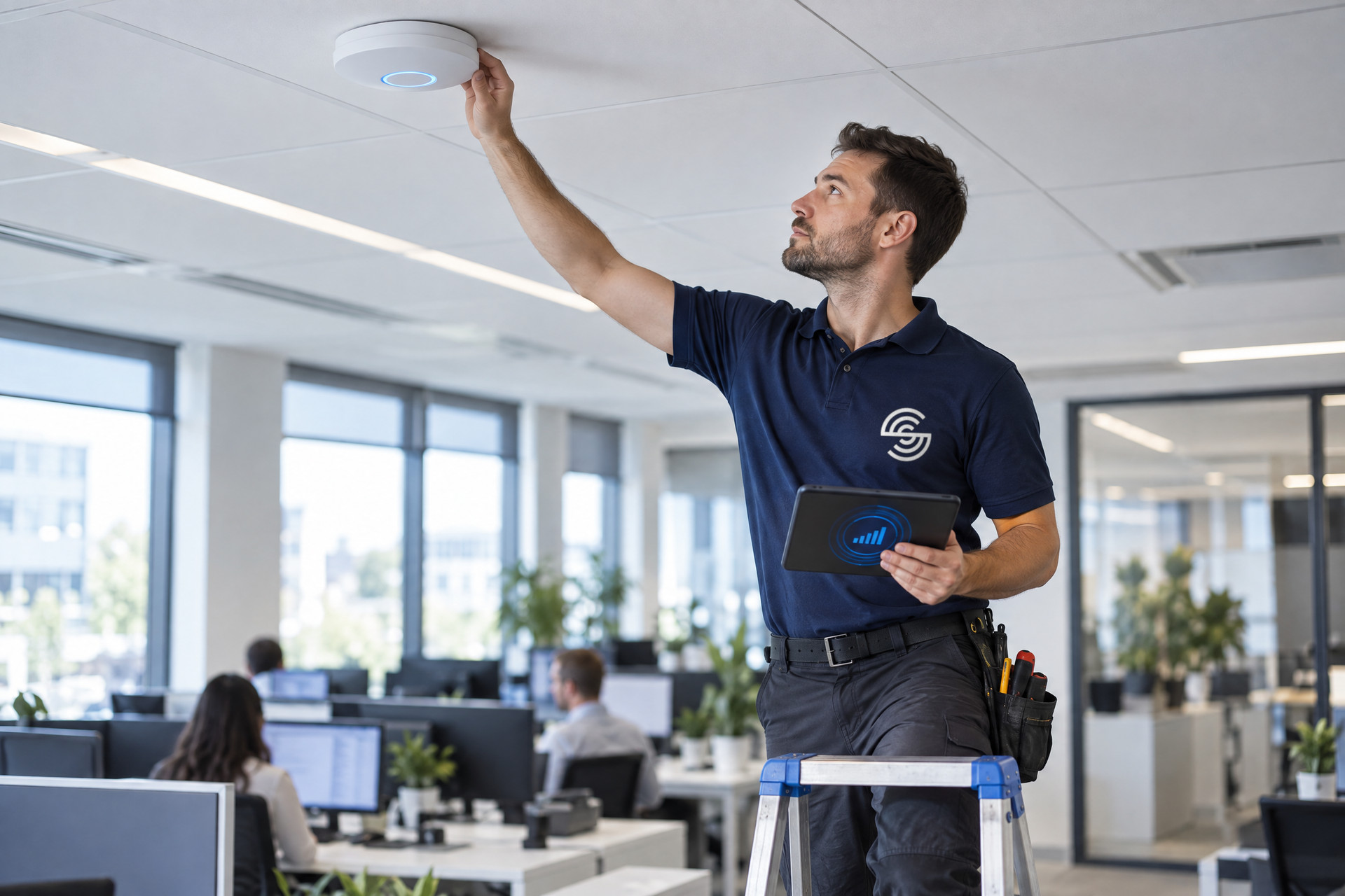 A SigBridge technician checking a newly installed access point with a tablet