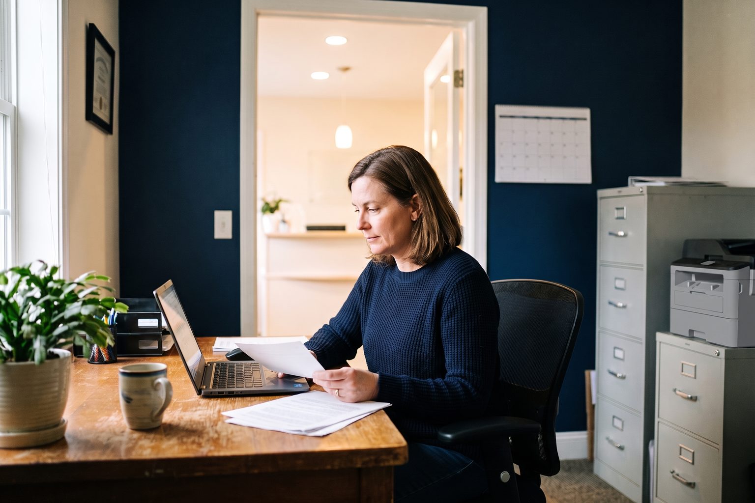An office manager at a desk in a back office checking invoices against a laptop