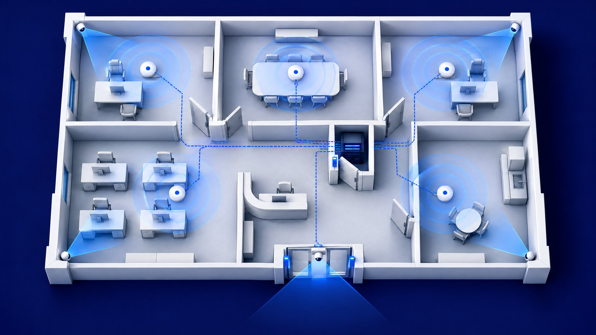 An office floor plan showing WiFi reach, camera views and door readers