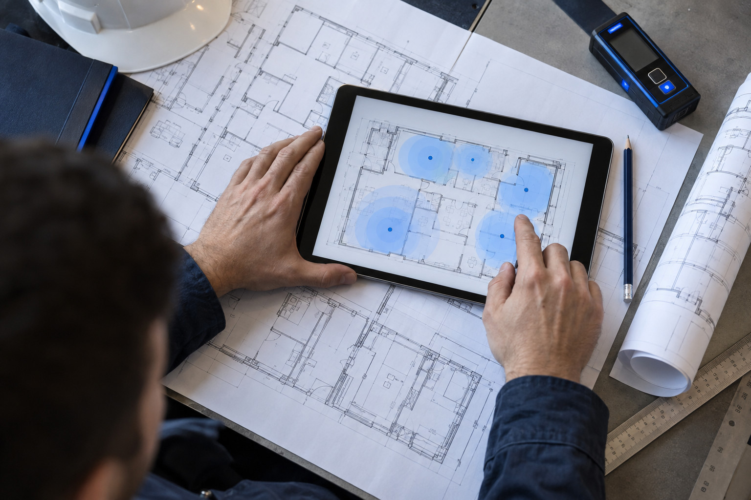 A SigBridge technician marking access points on an office floor plan on a tablet