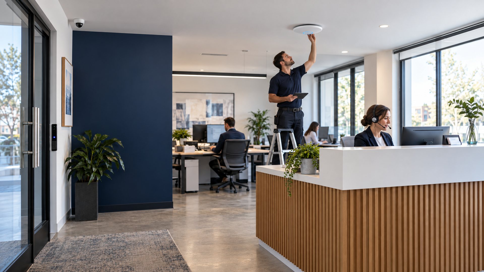 A SigBridge technician working on an access point in an office while the office manager takes a call